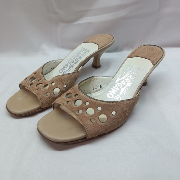 Salvatore Ferragamo Shoes - Salvatore Ferragamo Calf Hair Laser Cut Out Mules Kitten Heel Tan 5.5B Designer